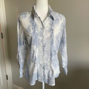 COLDWATER CREEK Blue & White Casual Blouse, Pin-tucks, Button-Down, M